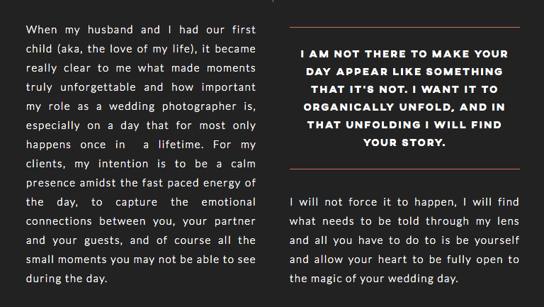 Example of About page copy from Marnie Cornell Photography website