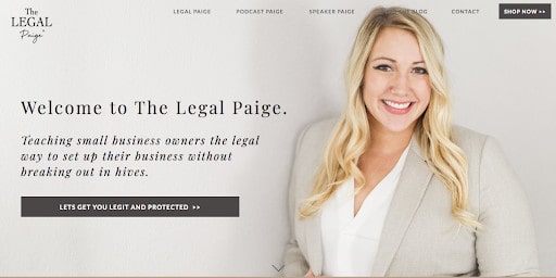 Screenshot of The Legal Paige website home page banner with brand photography