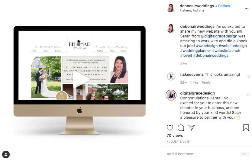 Screen shot of Instagram post announcing a website launch