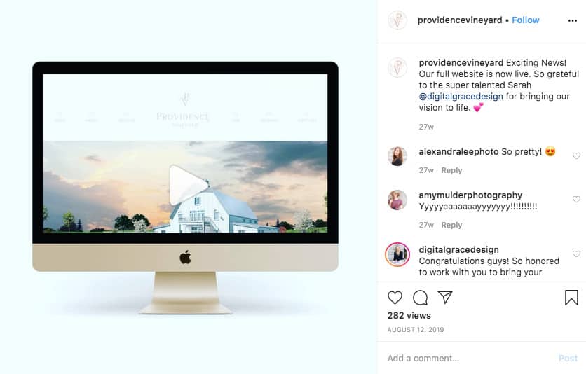 Screenshot of Instagram account announcing website launch