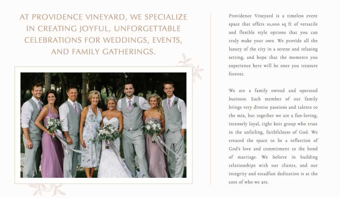 Screenshot of Providence Vineyard's bio from their website About page