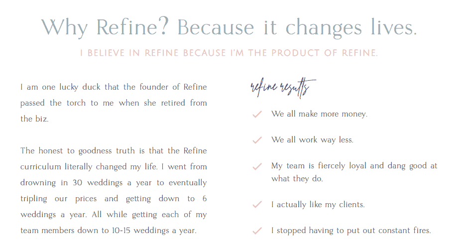 Screenshot of Refine for Wedding Planner's bio from their website About page